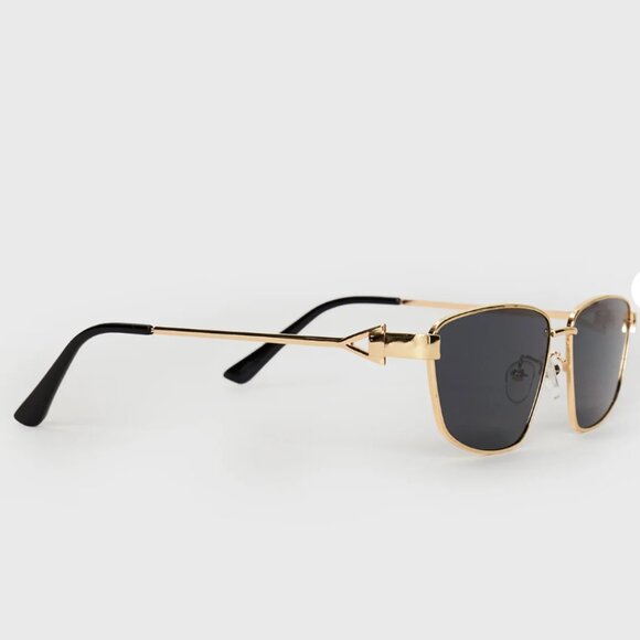 Gold Frame Rectangular Sunglasses • Black Lens Unisex Retro Style NEW WITH CASE. - Picture 3 of 3